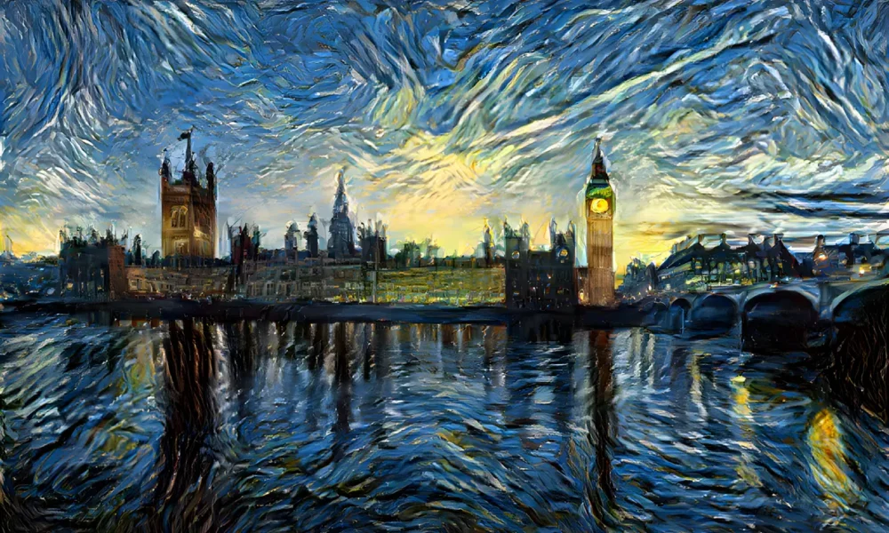 AI-generated painting of the Houses of Parliament in van Gogh’s style