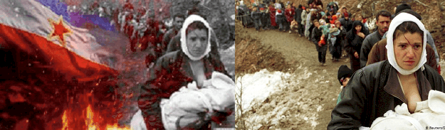 Real image of Albanian refugees (right) and propaganda cheapfake created to show image as Serbian refugees (left)