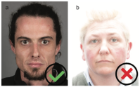 Image of man (left) is compliant with standardized guidelines and image on right is non-compliant due to poor quality