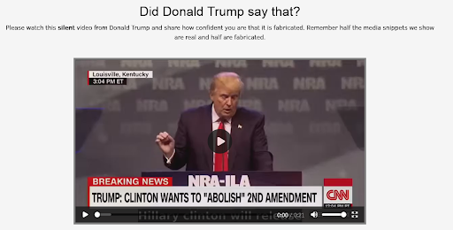 Video of Donald Trump's speech on Detect deepfake asking users to verify if it is fake
