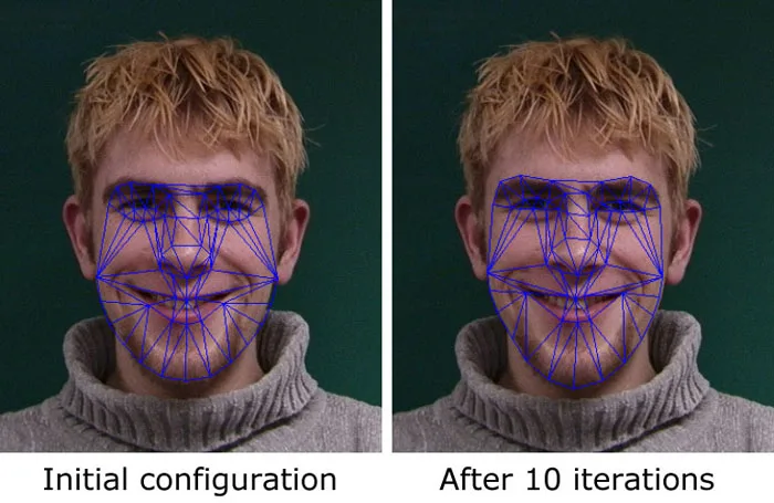 A man's facial features are modelled using Active Appearance model to detect facial data for recognition