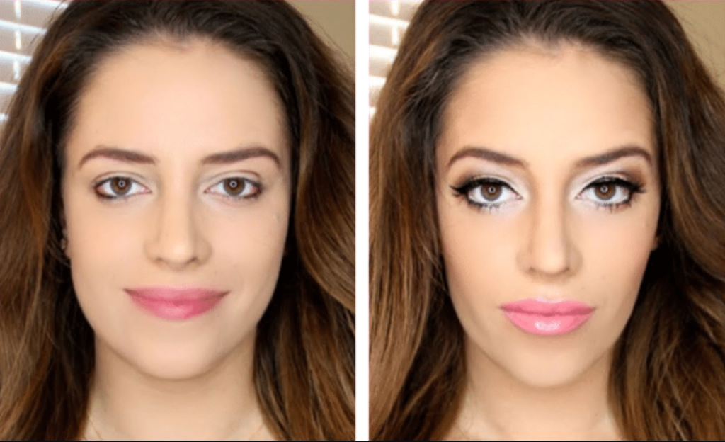 Example of facial shape alteration through makeup application
