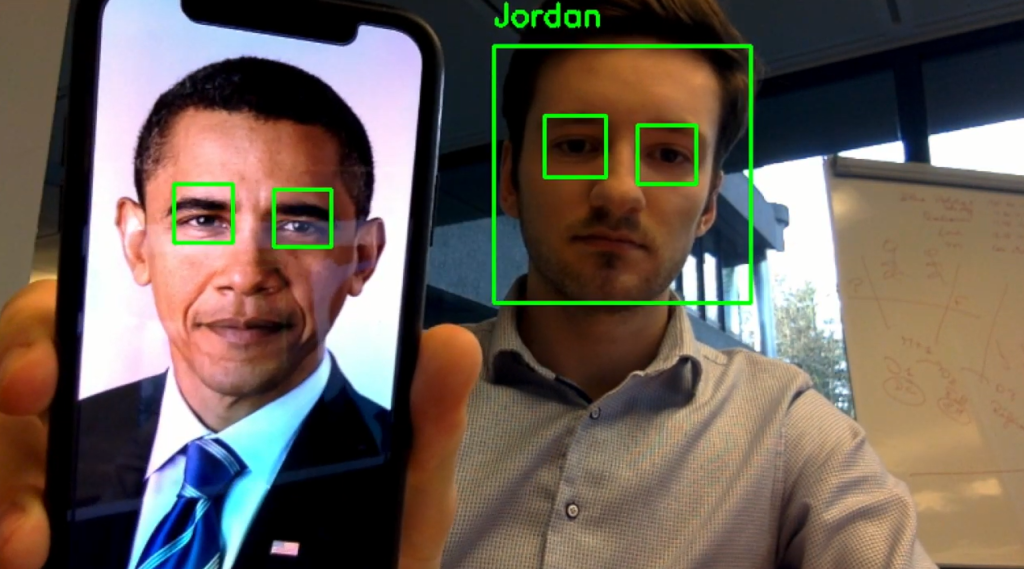 Program detects real and fake face by doing blinking analysis on image of Obama and face of real man