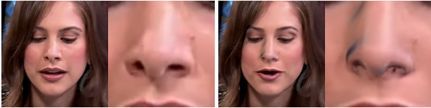 Fake video of a woman is revealed by warped areas around her nose
