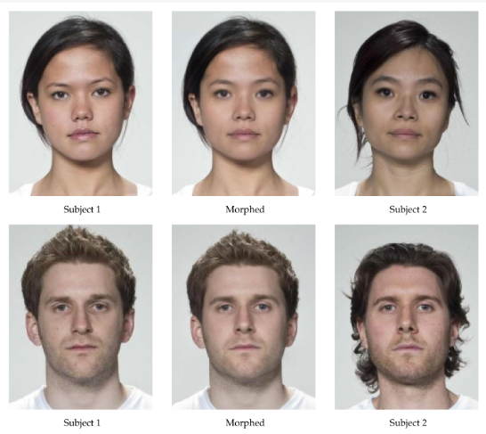 Face blending used to combine attributes of persons on left and right and synthesize a fake face in the middle
