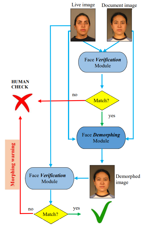 Process used to demorph a face synthesized using morphing techniques
