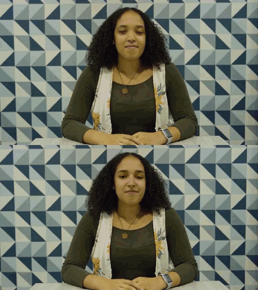 Woman with real expression (above) and Deepfake with fake added expression (below)
