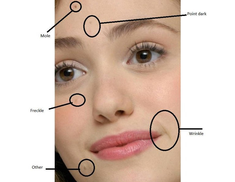 A woman's facial marks like freckles, moles and wrinkles can aid in facial recognition