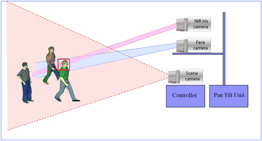 An Iris Recognition at a Distance (IAAD) system uses multiple cameras and software post processing