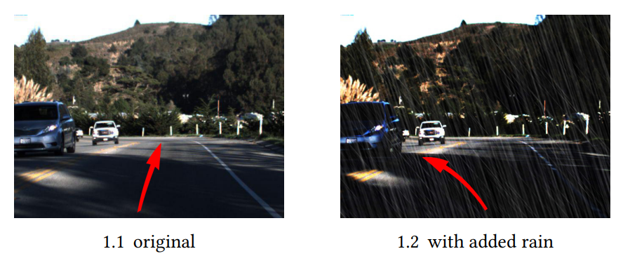 Example of some non-intentional erroneous behavior of the Chauffeur DNN caused by rain interference (the effect is somewhat similar to AXs)