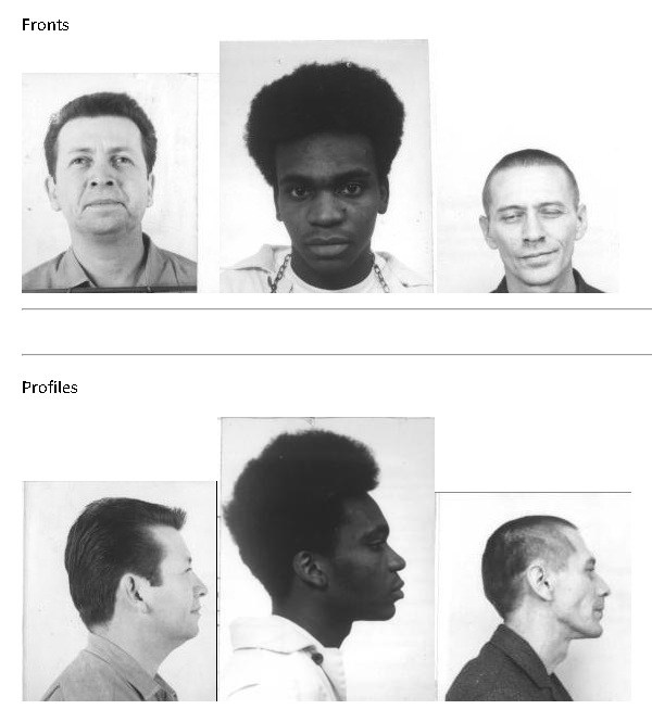 Front and mugshots of men from the NIST Database used for facial recognition training with aging affects